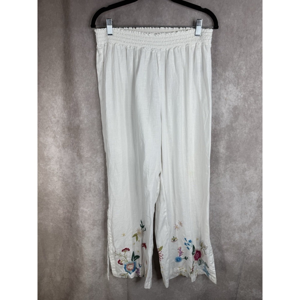 Johnny Was Wide Leg Linen High Rise Pull On Embroidered Pants In White Sz L